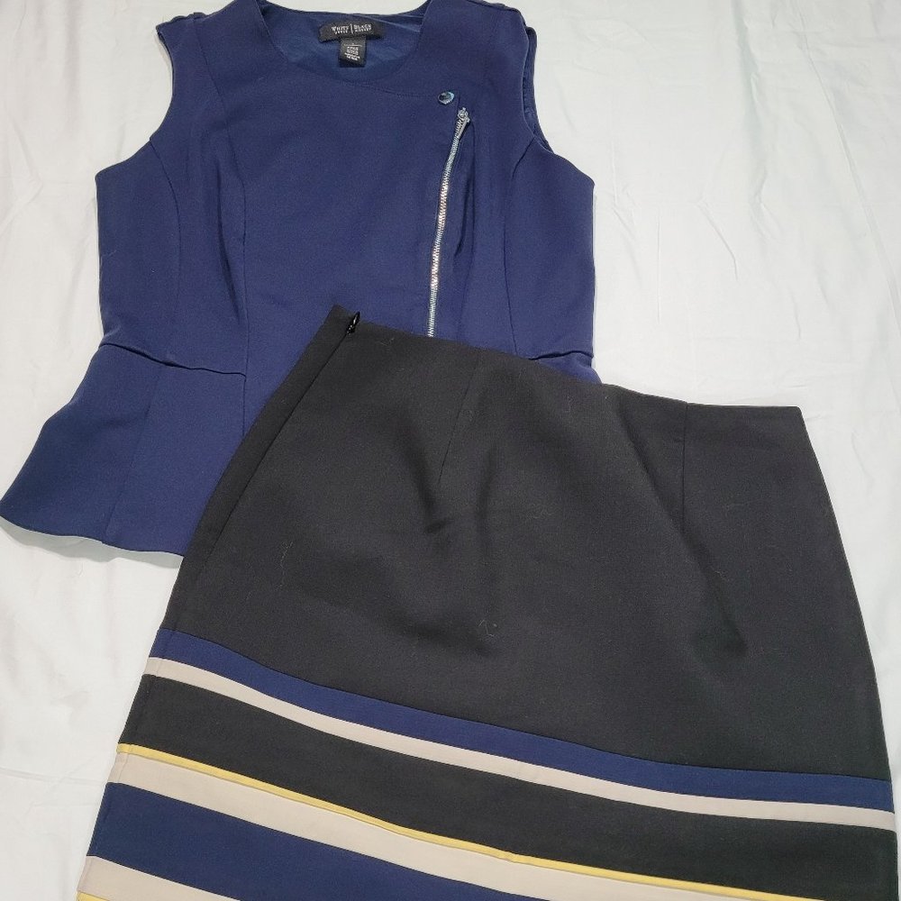 WHBM Women's Size 4 Navy, Black, White, and Yellow Blouse Skirt Set